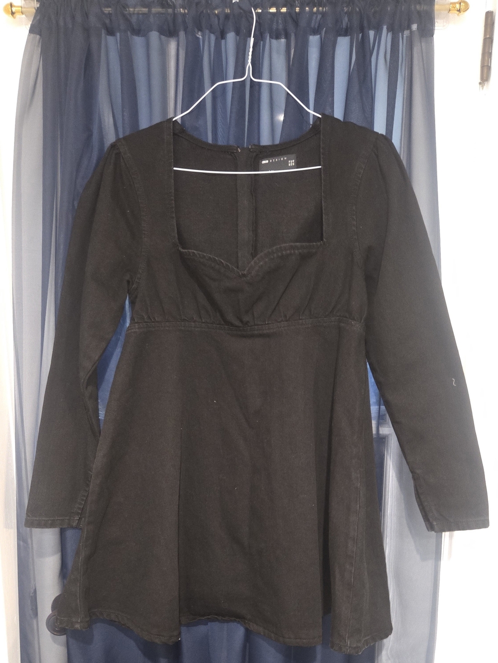 ASOS Black Long-Sleeve A-Line Denim Dress, Size 10